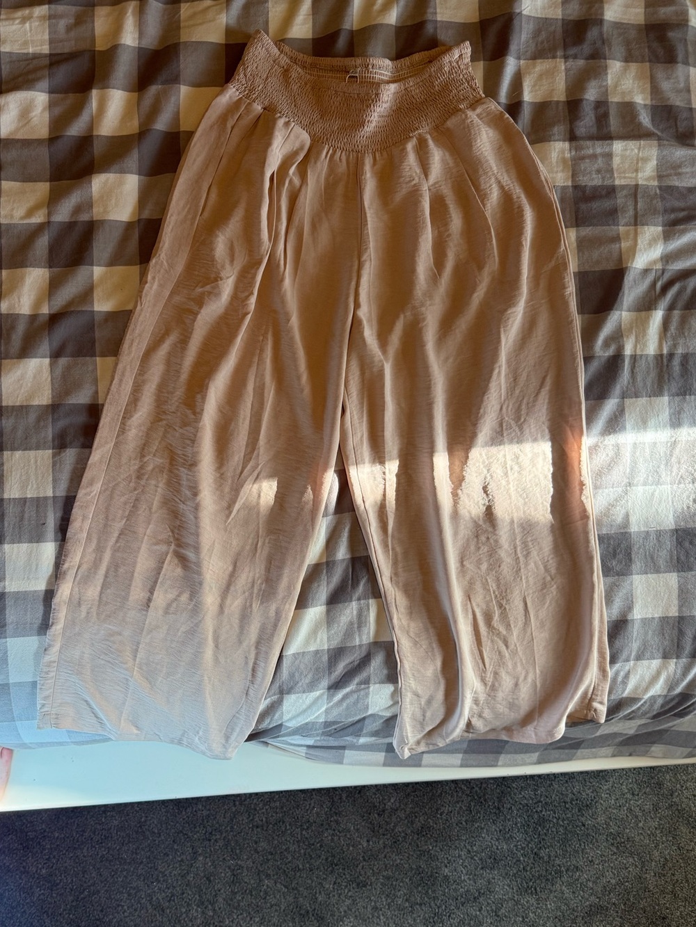 Wide Leg Smocked Waist Pants — Light Beige